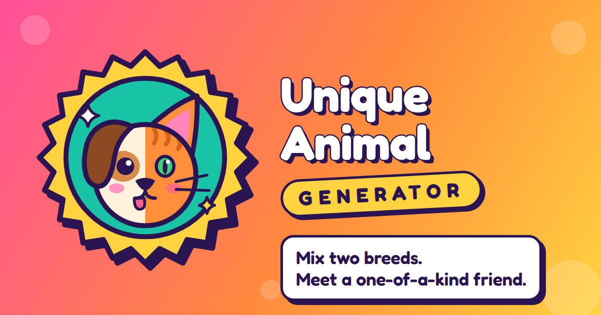 Unique Animal Generator logo: a half-dog, half-cat face in a badge